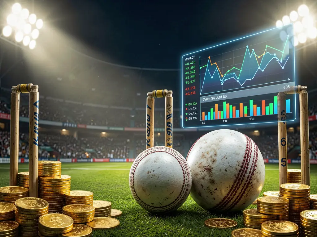 TK93888 cricket betting page background featuring a cricket ball in the foreground with wickets behind, dramatic stadium floodlights, golden coins, and glowing data charts