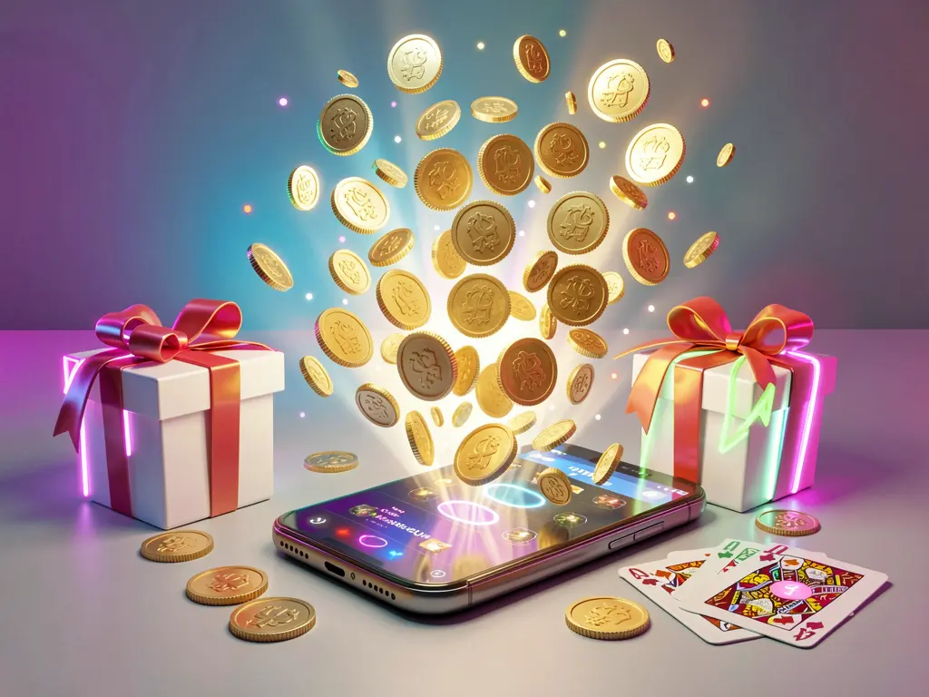 TK93888 mobile casino bonus banner featuring a smartphone with coins bursting from the screen, a gift box, and playing cards nearby, all illuminated by a bright neon glow in a premium realistic 3D render