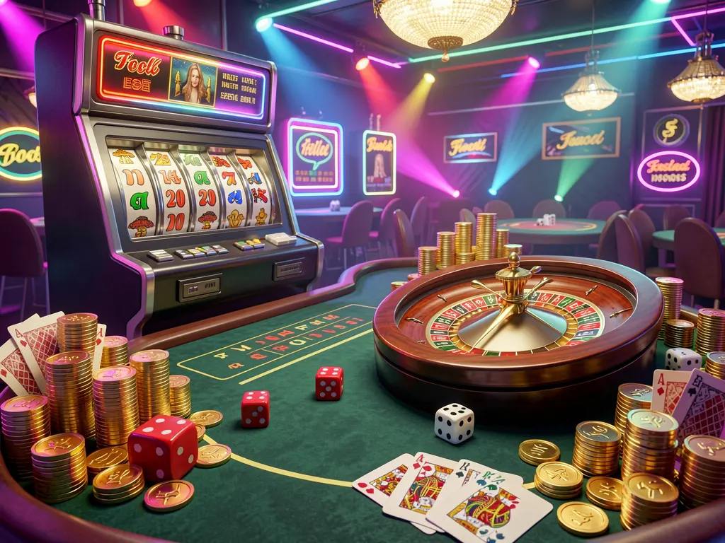 TK93888 casino entertainment scene featuring a slot machine, roulette wheel, dice, cards, and golden coins illuminated by colorful neon lights in a high quality 3D render
