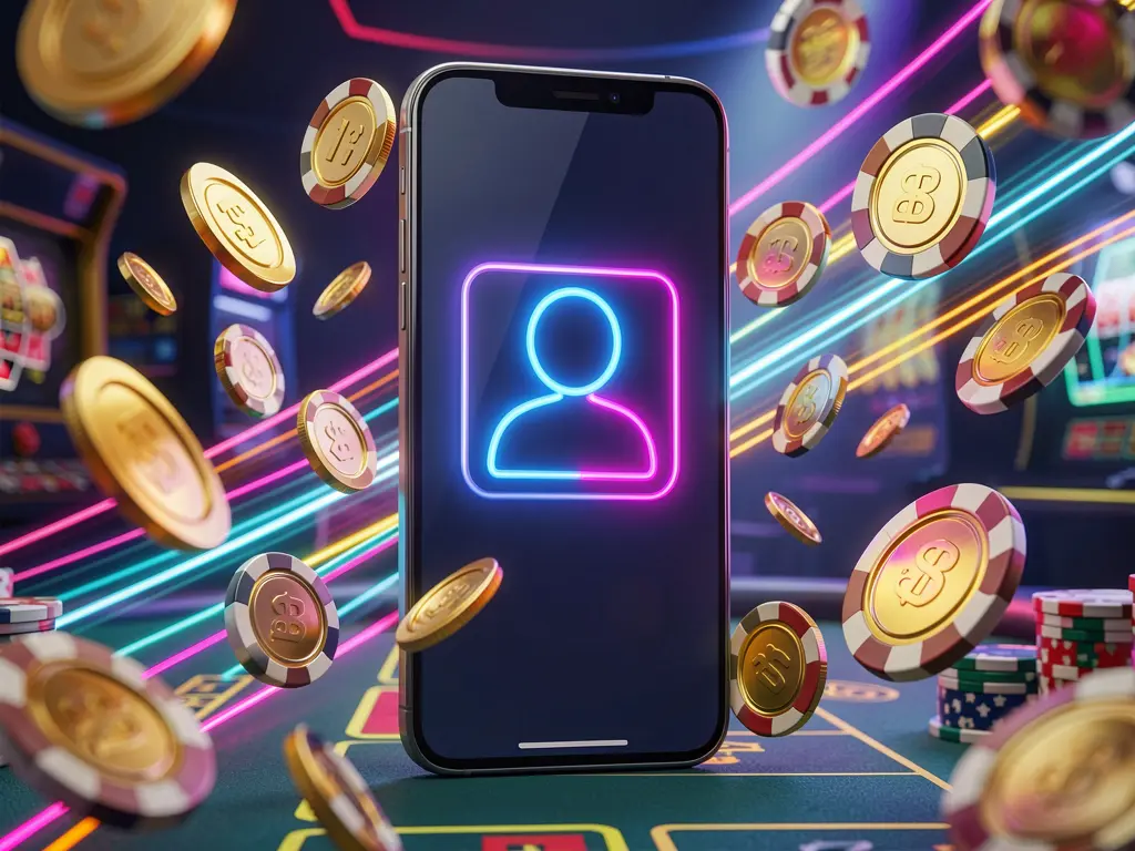 Fast casino login banner featuring a smartphone with a bright user icon, speed light trails, and golden coins and chips flying around in a modern neon casino style, showcasing TK93888 branding in a high detail 3D render